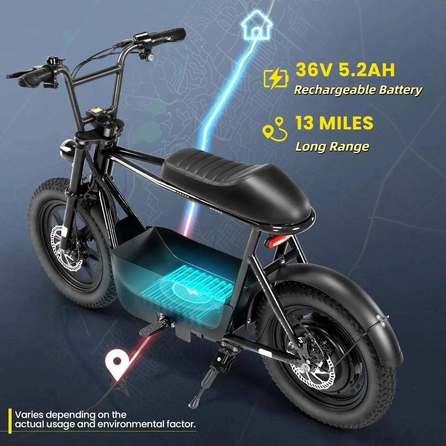 Peak 819W Electric Scooter With Seat For Adults 16 Inch Fat Tire All Terrain Commuter Ebike For Teens With Carry Basket