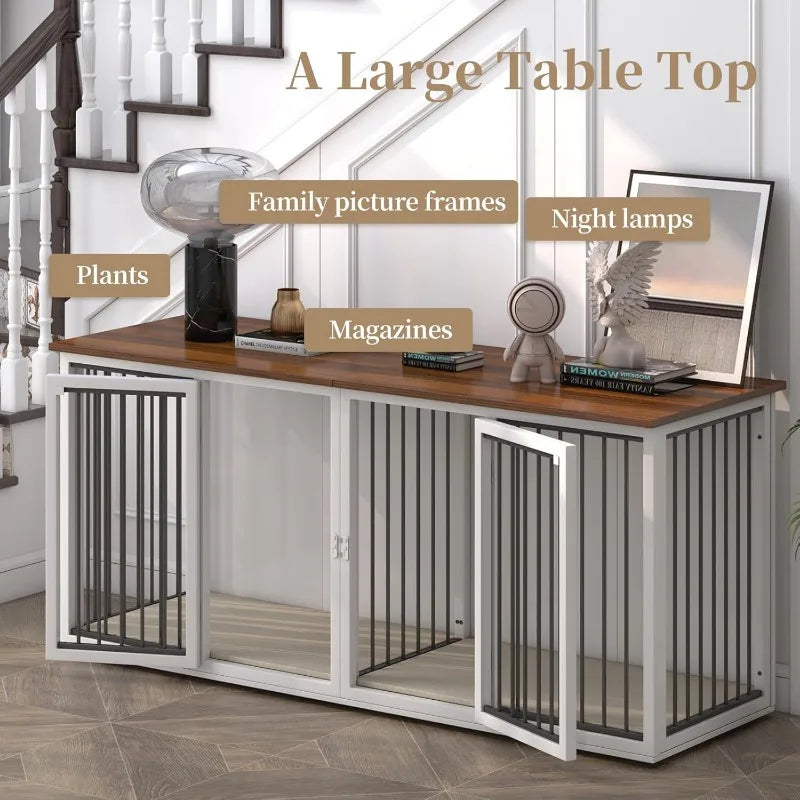 Large Dog Crate Furniture for Two Dogs 71.6 Inch Steel Frame Dog Crate with Double Doors Indoor Double Dog Cage White