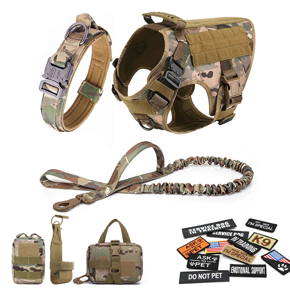Military Large Dog Harness Collar Leash Bags Patches Set for Malinois Training Tactical Vest Accessories