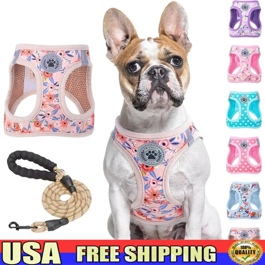 Floral Dog Harness and Leash Set No Pull No Choke Escape Proof Step In Vest Padded Handle Lightweight Durable Breathable Small