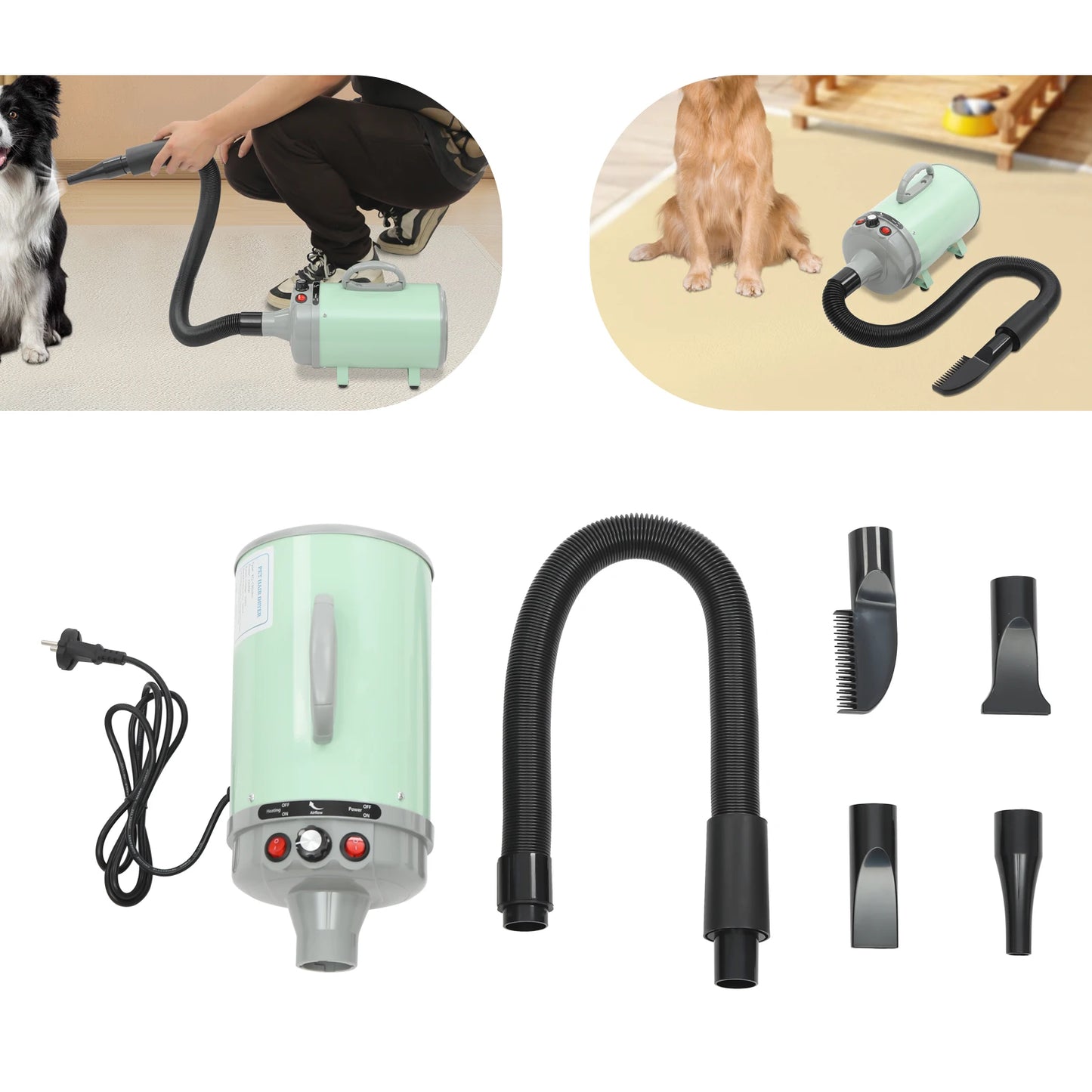 2200W Pet Hair Dryer, Adjustable Design Wind Speed, Electric Dog Cat Hair Dryer, Pet Drying Machine with 4 Nozzles