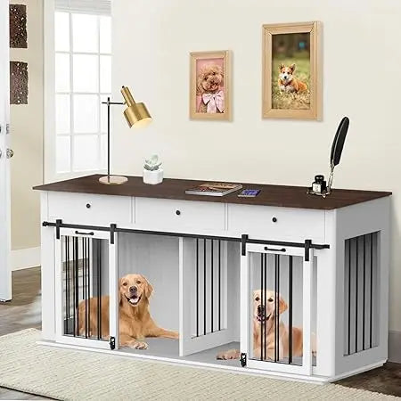 72 Inch Double Dog Crate Furniture Heavy Duty Wood Dog Cage Table with Storage Drawers and Removable Divider