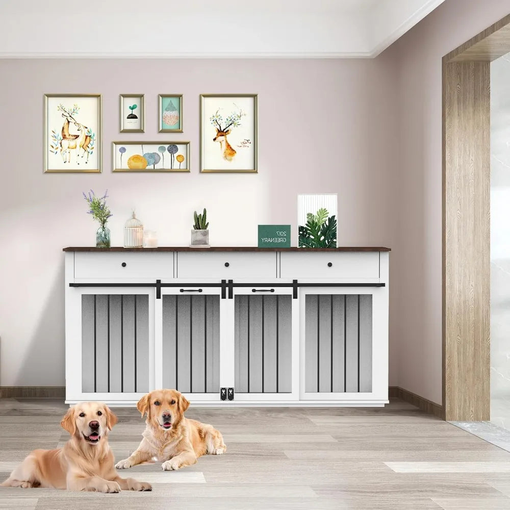 72 Inch Double Dog Crate Furniture Heavy Duty Wood Dog Cage Table with Storage Drawers and Removable Divider