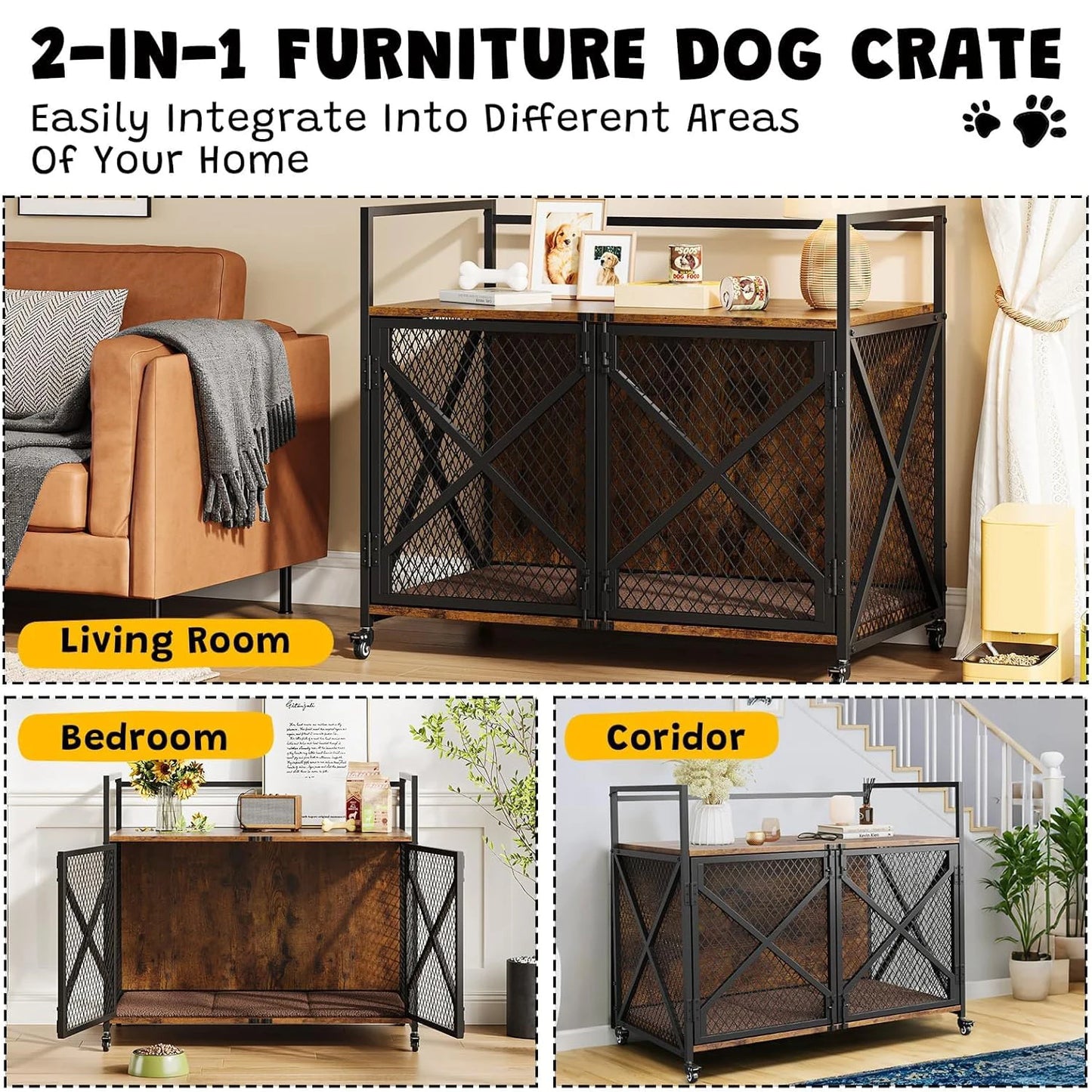 Large Wooden Dog Crate Furniture, Decorative End Table Indoor Dog House, With Lockable Wheels For Dogs, Heavy Duty Dog Cage