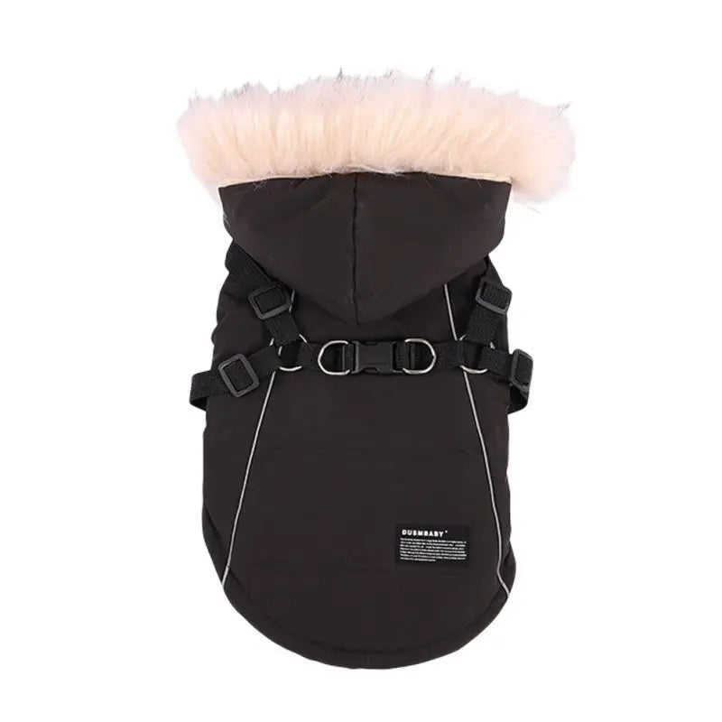 Autumn Winter Warm Pet Dog Jacket With Harness Hooded Padded Coat And Imitation Fur Hat For Small And Medium Dogs