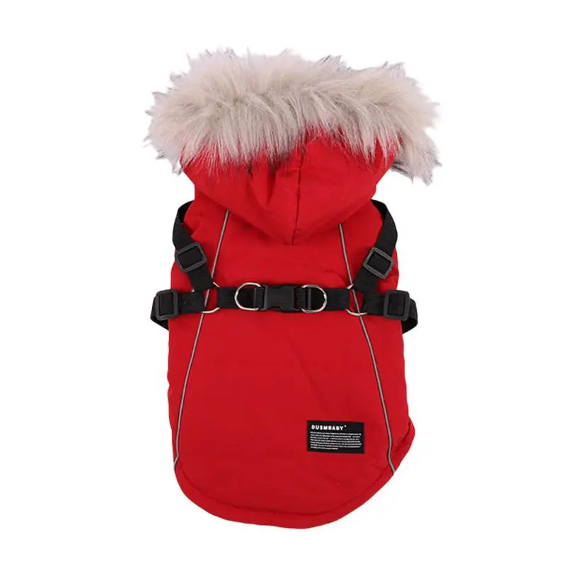 Autumn Winter Warm Pet Dog Jacket With Harness Hooded Padded Coat And Imitation Fur Hat For Small And Medium Dogs