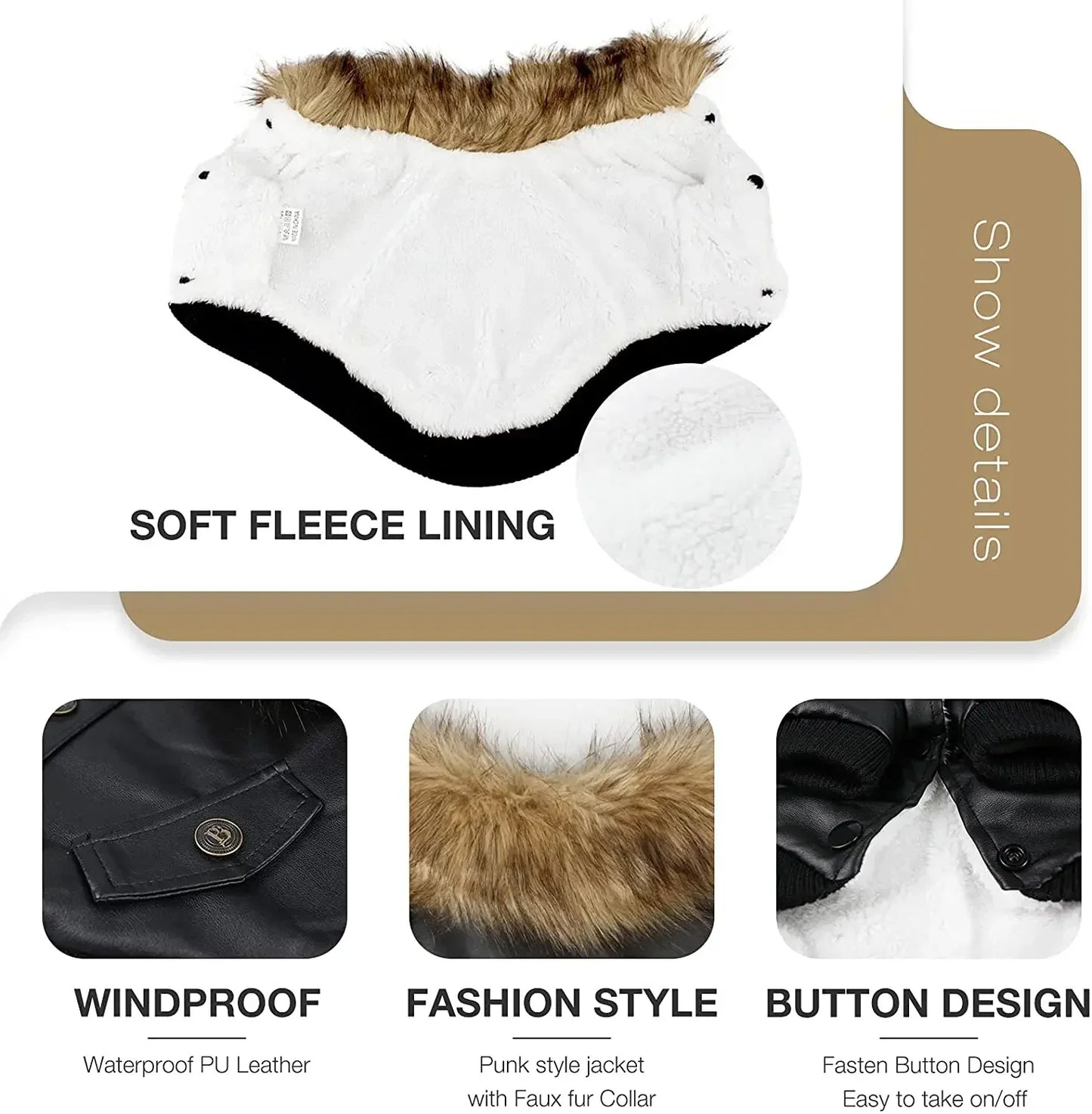 Medium Dog Winter Coat Waterproof PU Leather Jacket for Small Dogs and Puppies