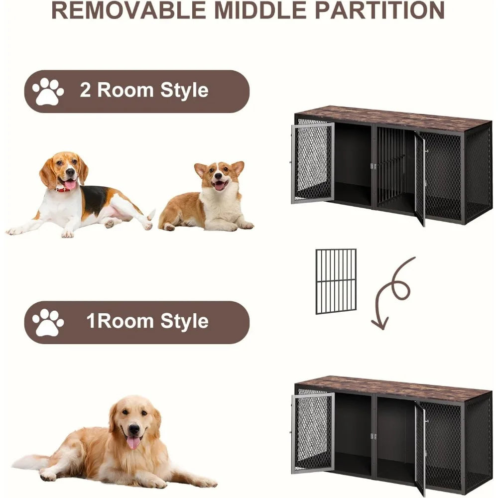 Double Dog Kennel Furniture for Two Dogs Indoor Crate with Divider and Double Door for Small Medium Large Breeds
