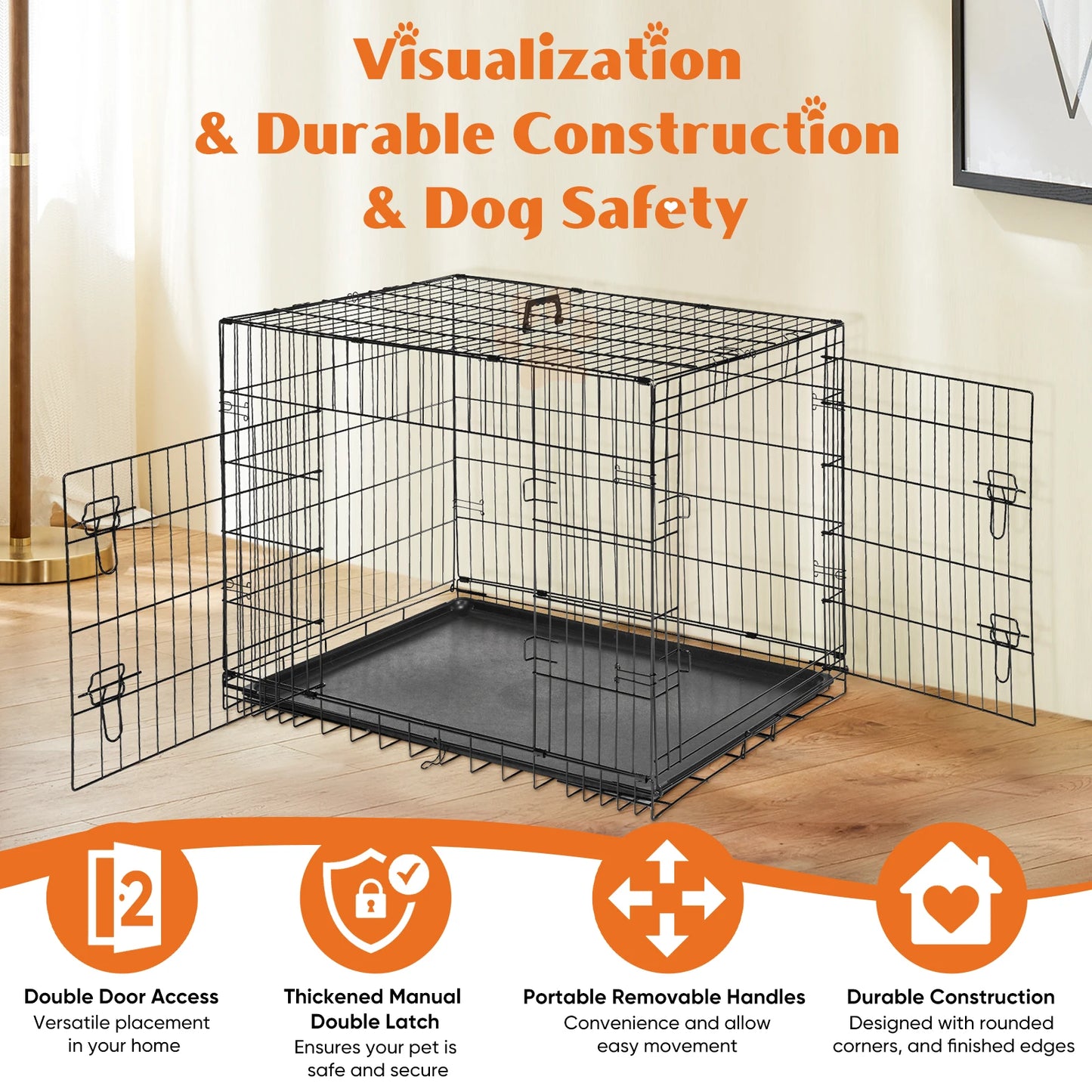 JHK Double Door Folding Metal Wire Dog Cage with Plastic Leak Proof Pan Tray Extra Large Pet Kennel for Indoor Outdoor Travel
