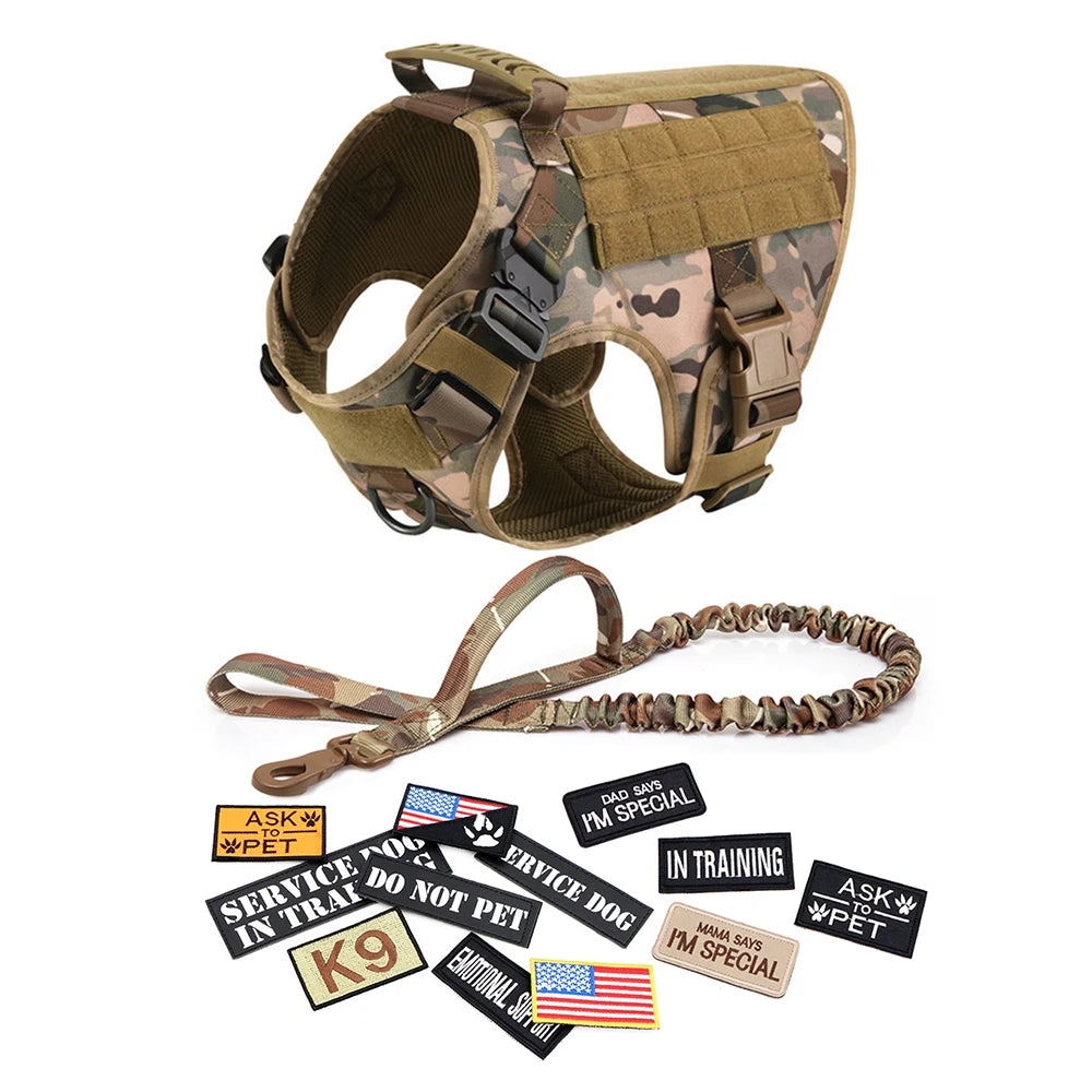 Military Large Dog Harness Collar Leash Bags Patches Set for Malinois Training Tactical Vest Accessories