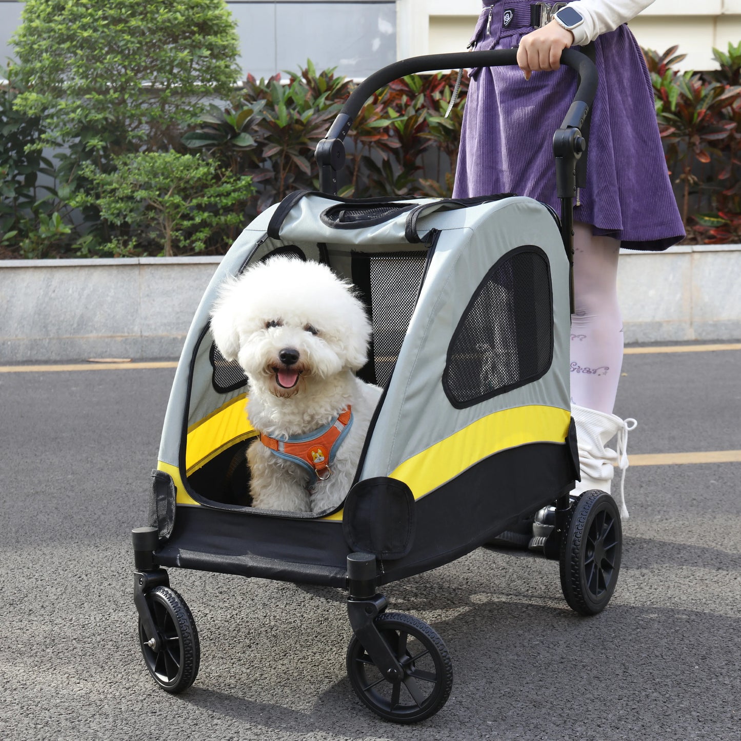 Portable Dog Stroller Pet Jogger Wagon Foldable Cart Travel Trolley Cart Outdoor with 4 Wheels, 3 Mesh Window, Adjustable Handle