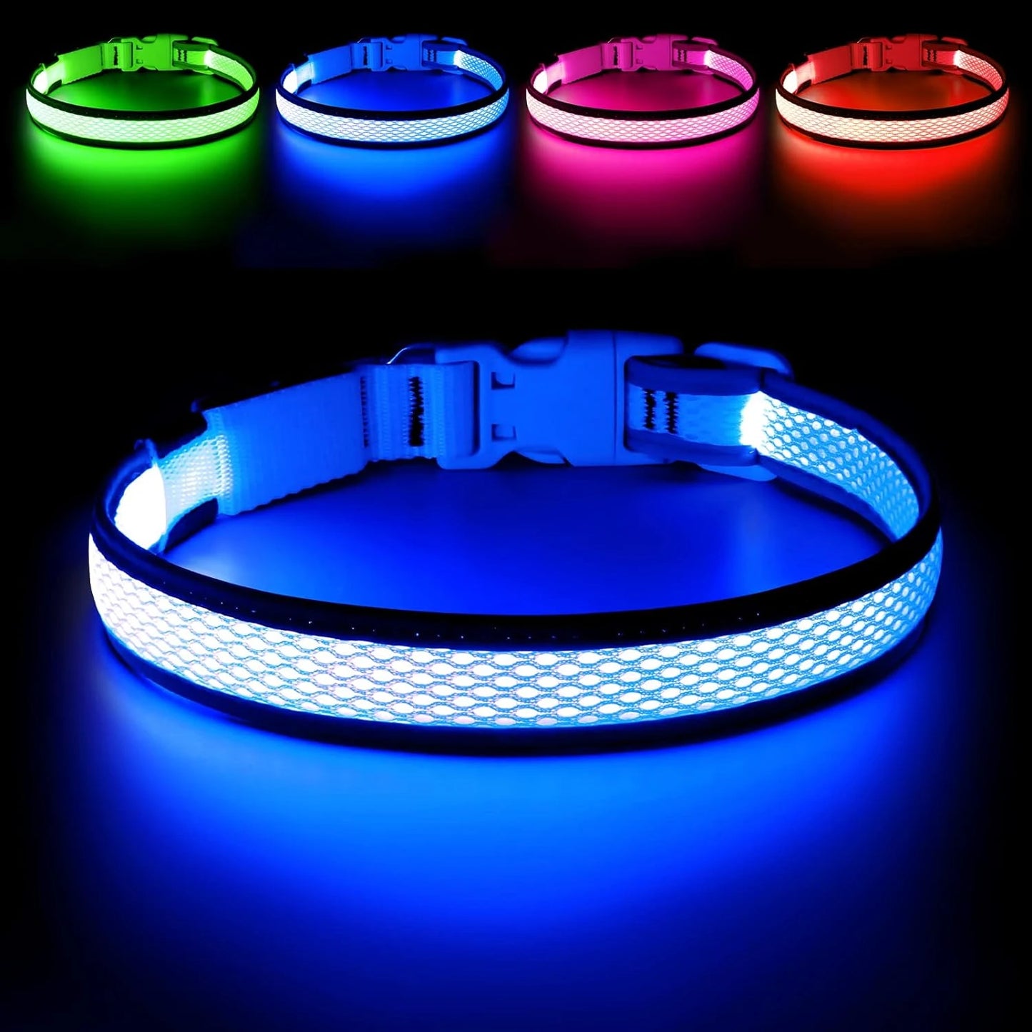 Comfortable Neon Green LED Dog Collar Lights USB Rechargeable Adjustable Soft Mesh for Small Medium Large Dogs