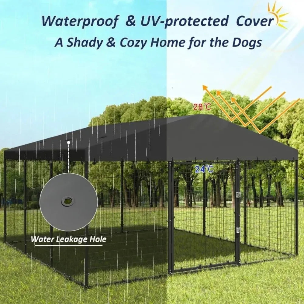 Large Dog Kennel Outdoor with Waterproof Roof Cover Heavy Duty Dog Cage Enclosures with Upgraded Metal Mesh and Secure Door Locks