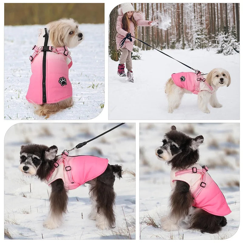 Fashion Color Dog Winter Jacket With Harness Reflective Warm Dog Snow Coat For Small And Medium Dogs Cold Weather Vest Outfit