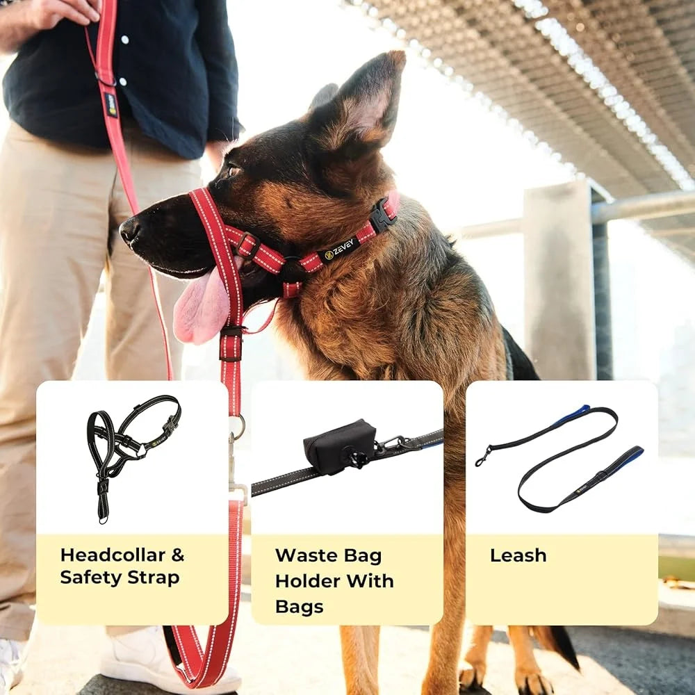 Dog Headcollar with Leash Safety Strap Adjustable Comfortable Fit Reflective Nylon Design Ideal for Dogs