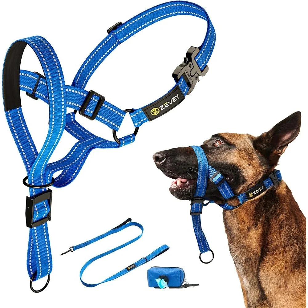 Dog Headcollar with Leash Safety Strap Adjustable Comfortable Fit Reflective Nylon Design Ideal for Dogs
