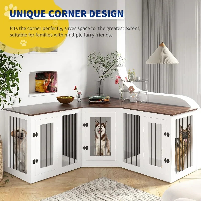 Large Dog Crate Furniture for 3 Dogs 113'' Corner Dog Crate Wooden Indoor in 1 Dog Crate for Small Medium Large Dogs