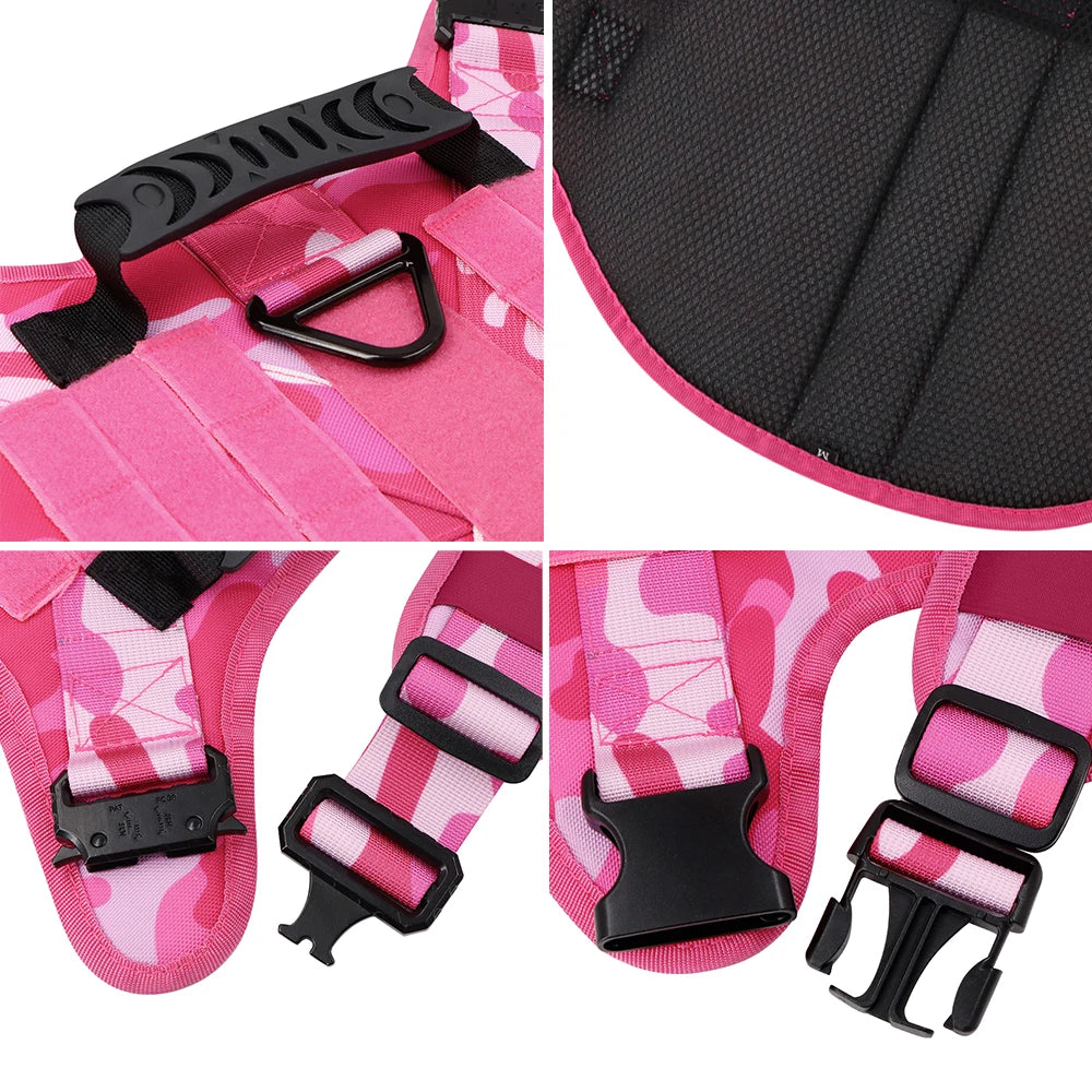 Military Pink Camouflage Dog Harness for Large and Medium Dogs Adjustable Tactical Training Vest