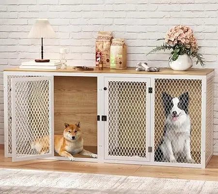 Double Dog Kennel Furniture for Two Dogs Indoor Crate with Divider and Double Door for Small Medium Large Breeds