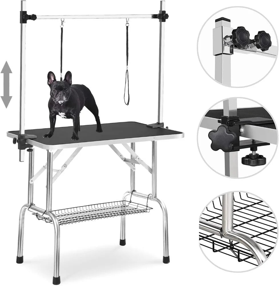 Dog Grooming Table Foldable,Heavy Duty Foldable Pet Grooming Table with Arm & Noose & Mesh Tray, Maximum Capacity Up to 330lbs