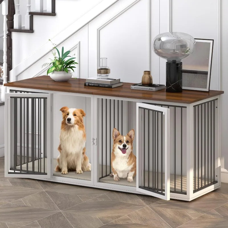 Large Dog Crate Furniture for Two Dogs 71.6 Inch Steel Frame Dog Crate with Double Doors Indoor Double Dog Cage White