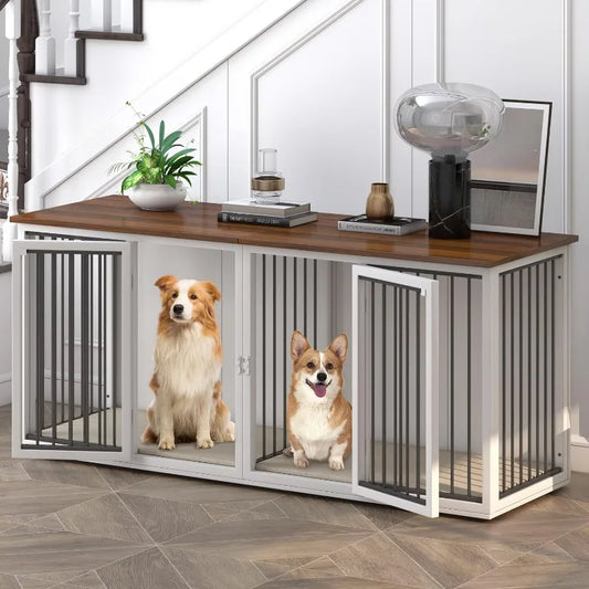 Large Dog Crate Furniture for Two Dogs 71.6 Inch Steel Frame Dog Crate with Double Doors Indoor Double Dog Cage White