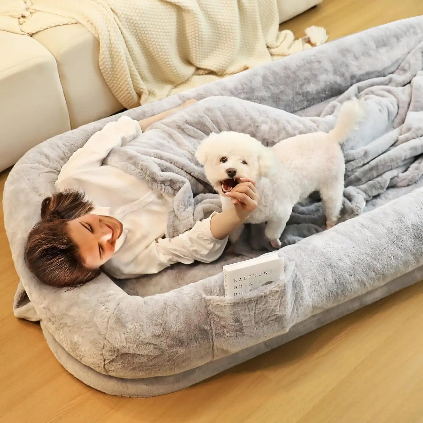 Human Dog Bed for Adults 71 Inch Long Removable Cover Washable Waterproof Orthopedic Design Light Grey