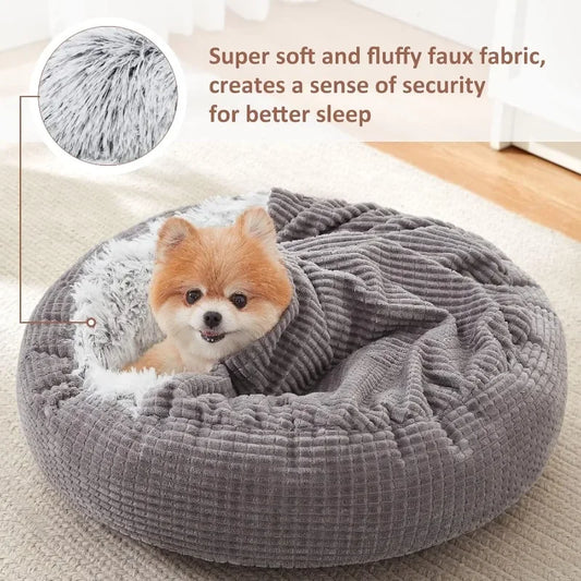 Small Dog Bed with Attached Blanket Round Calming Hooded Cozy Cave Dog Bed for Small Dogs Soft Plush Cuddler Puppy Pet Bed