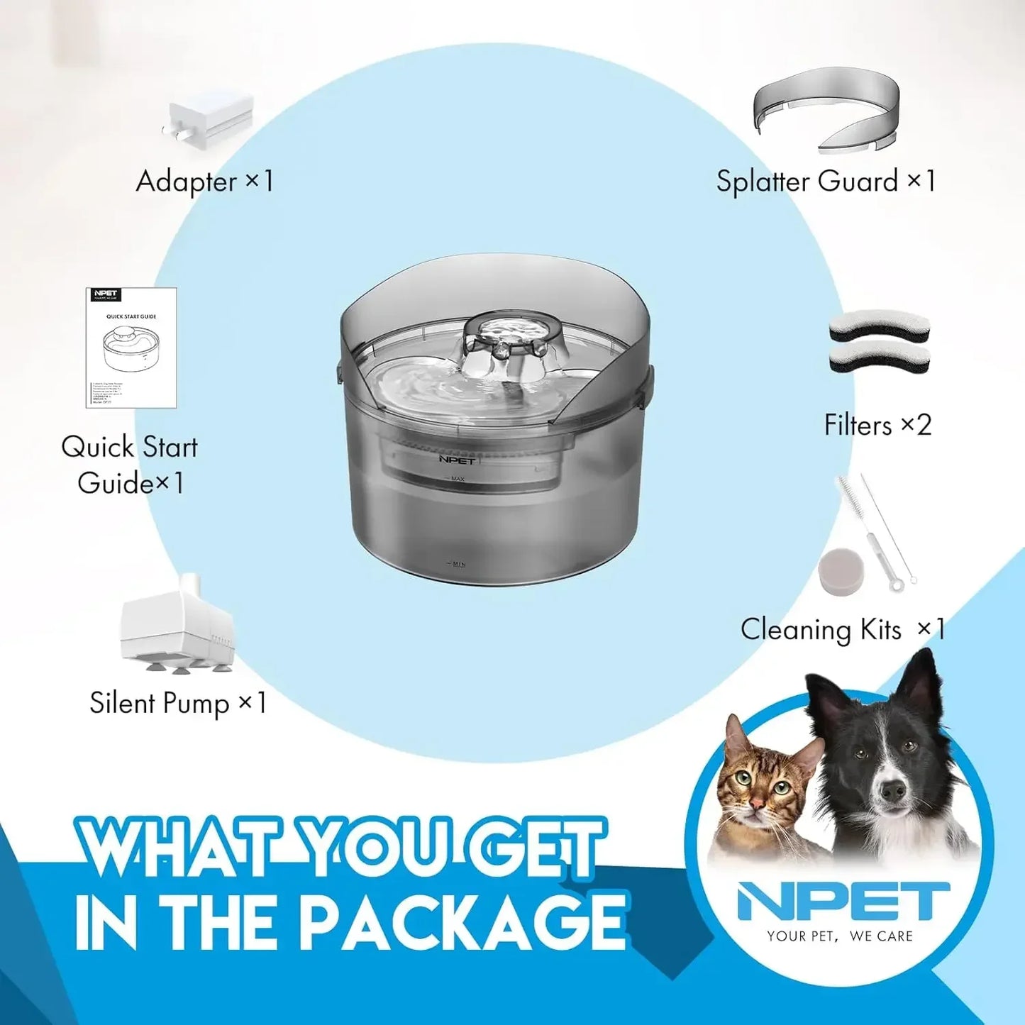 NPET Dog Water Fountain 2 Gallon Automatic Dog Water Dispenser with Splatter Guard for Large Dogs and Multiple Pets