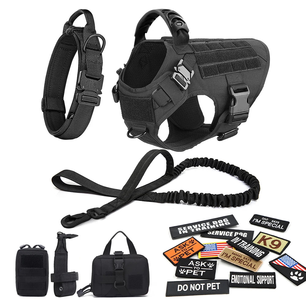 Military Large Dog Harness Collar Leash Bags Patches Set for Malinois Training Tactical Dog Accessories