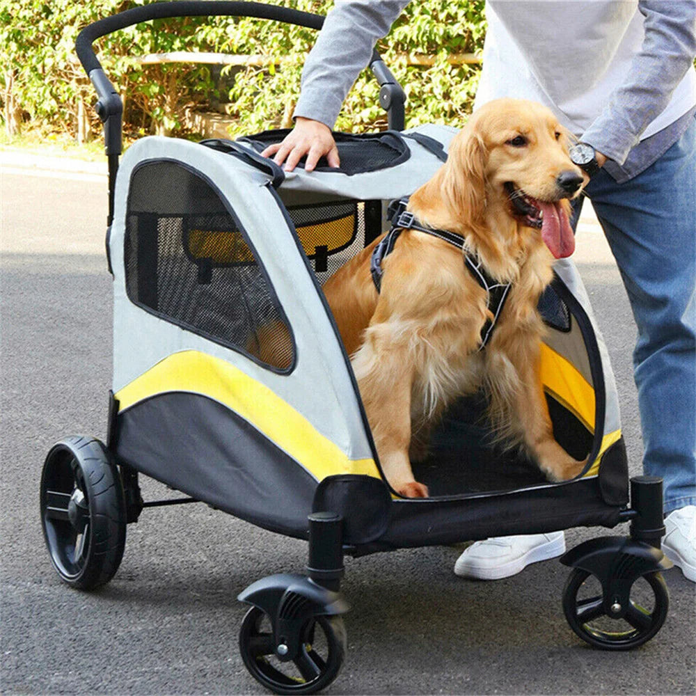 Heavy Duty Large Dog Stroller Buggy 4 Wheels Pet Jogger Pram Doggy Pushchair Brakes Foldable Travel Cart Carriage Zipper Entry