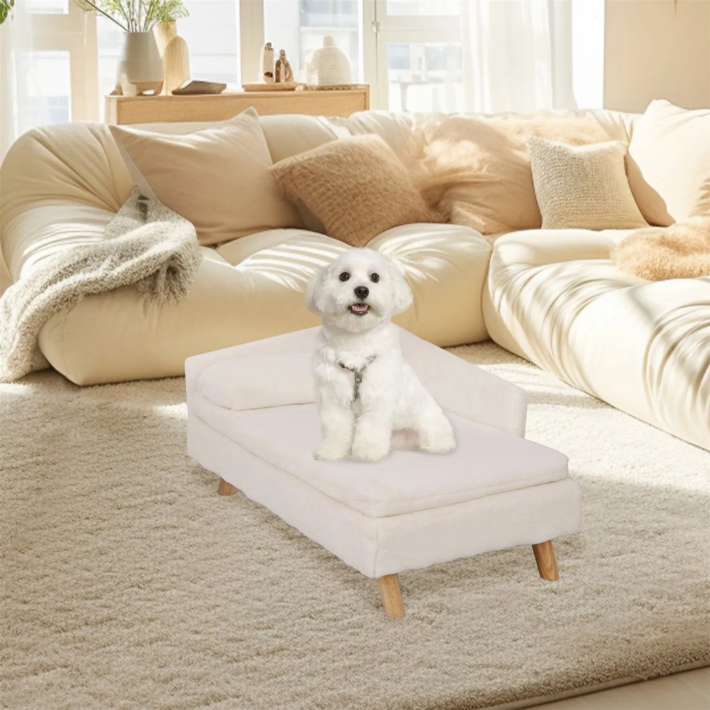 Elevated Pet Bed Nordic Pet Stool Bed with Cozy Waterproof Pad Sturdy Wood Legs for Small Dogs and Kittens