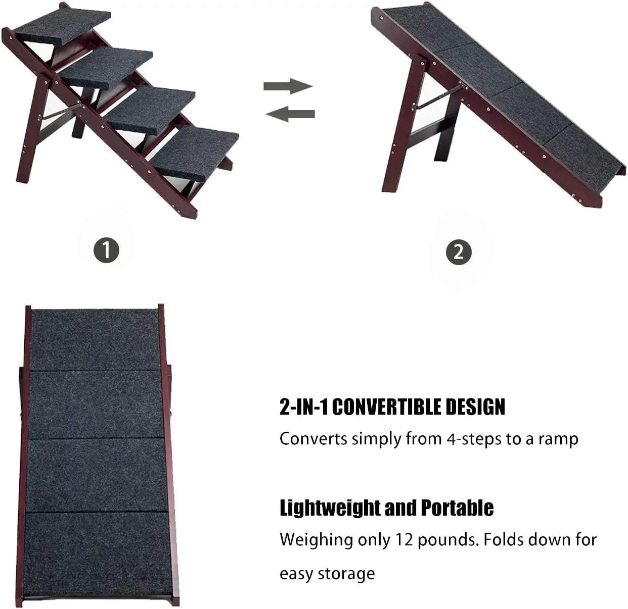 Wooden Pet Stairs/Pet Steps - 2-in-1 Foldable Stairs & Ramp for Beds and Cars - Portable Dog/Cat Ladder Up to 110 Pounds