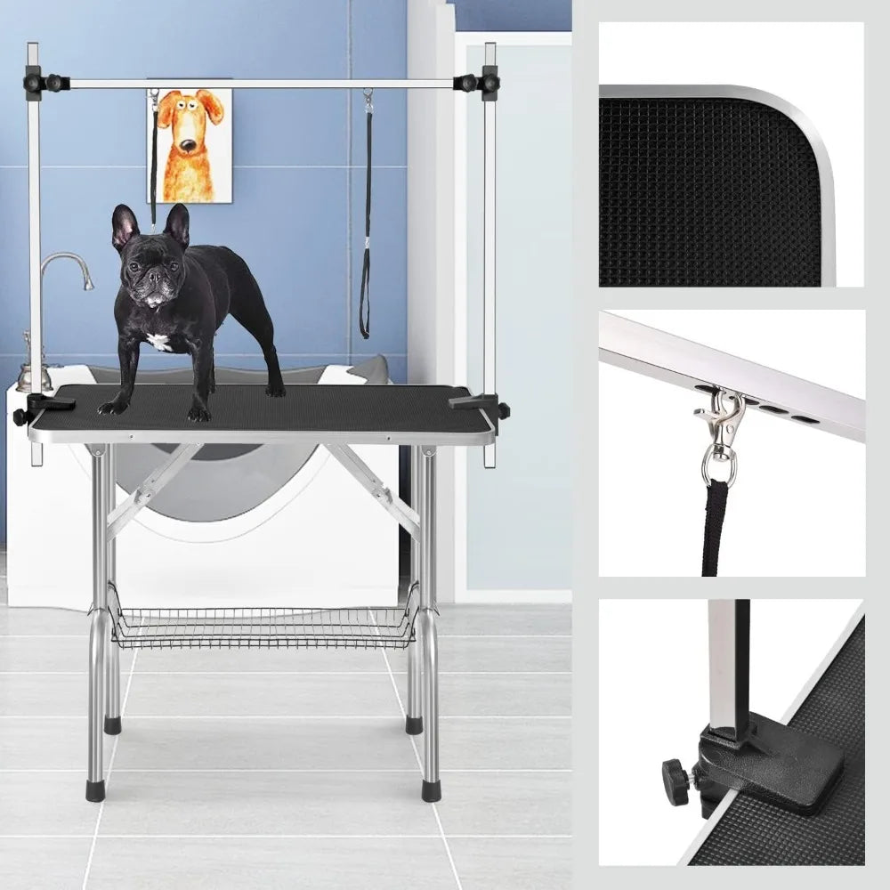Dog Grooming Table Foldable,Heavy Duty Foldable Pet Grooming Table with Arm & Noose & Mesh Tray, Maximum Capacity Up to 330lbs