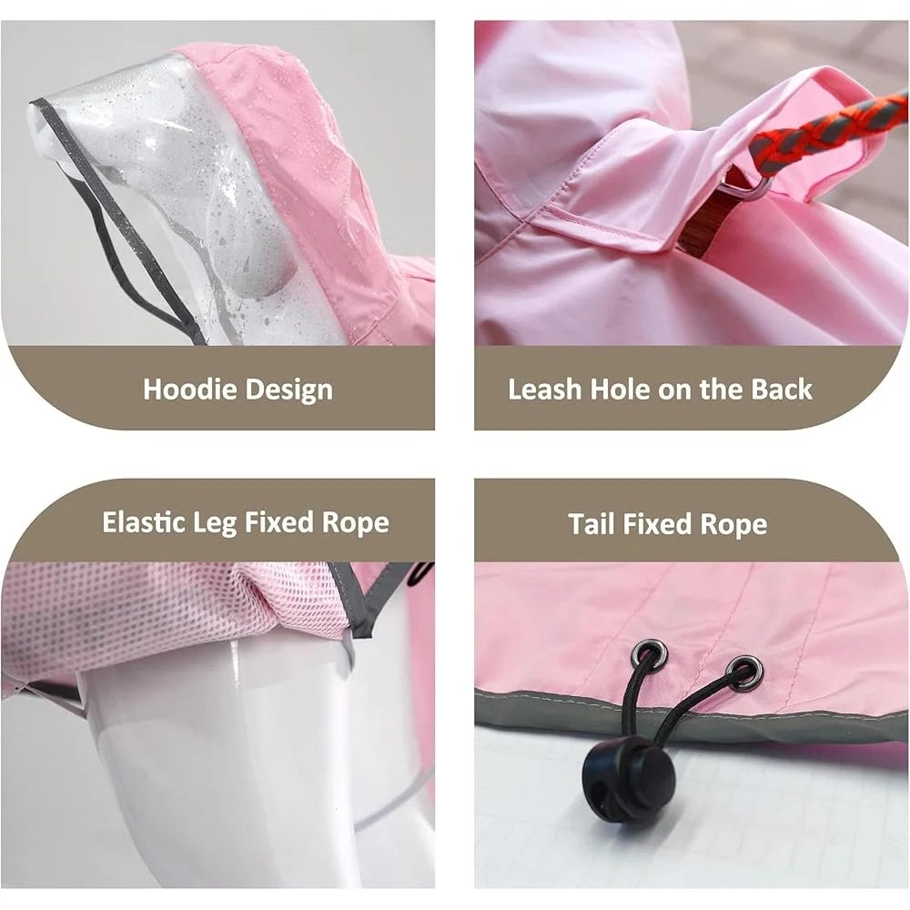 Breathable Waterproof Dog Raincoat Adjustable Hooded Poncho with Leash Hole and Reflective Strip for Medium Large Small Pets
