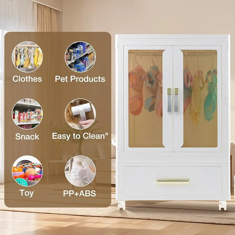 Stackable Pet Wardrobe Closet Storage Bins with Doors Wheels and Hanging Rods Multi-functional Organizer Dog Clothes Toys
