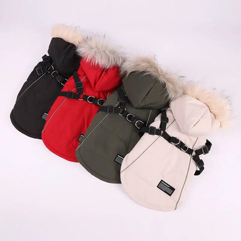 Autumn Winter Warm Pet Dog Jacket With Harness Hooded Padded Coat And Imitation Fur Hat For Small And Medium Dogs