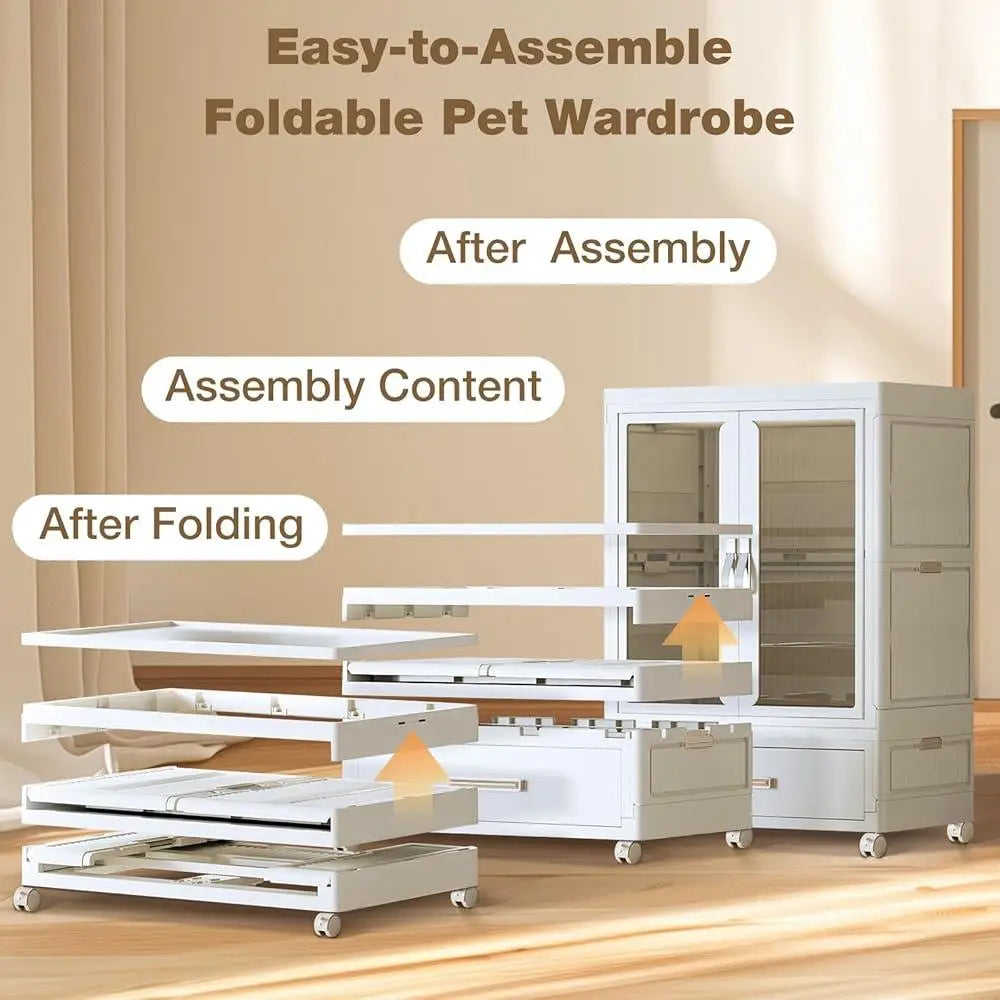 Stackable Pet Wardrobe Closet Storage Bins with Doors Wheels and Hanging Rods Multi-functional Organizer Dog Clothes Toys