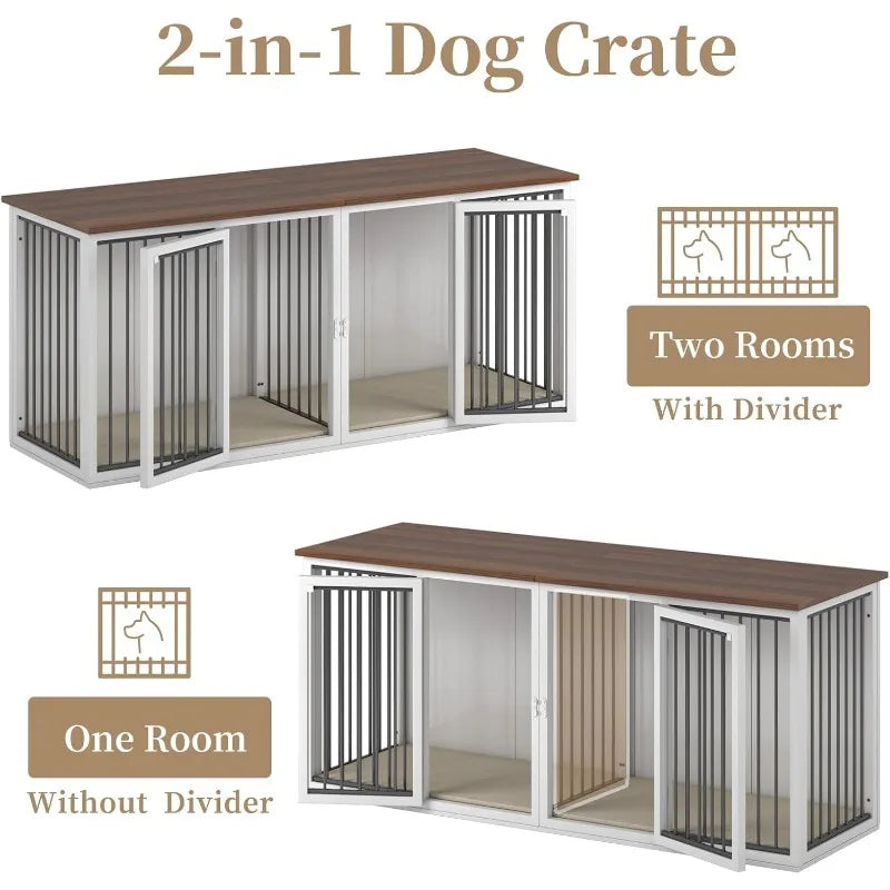 Large Dog Crate Furniture for Two Dogs 71.6 Inch Steel Frame Dog Crate with Double Doors Indoor Double Dog Cage White