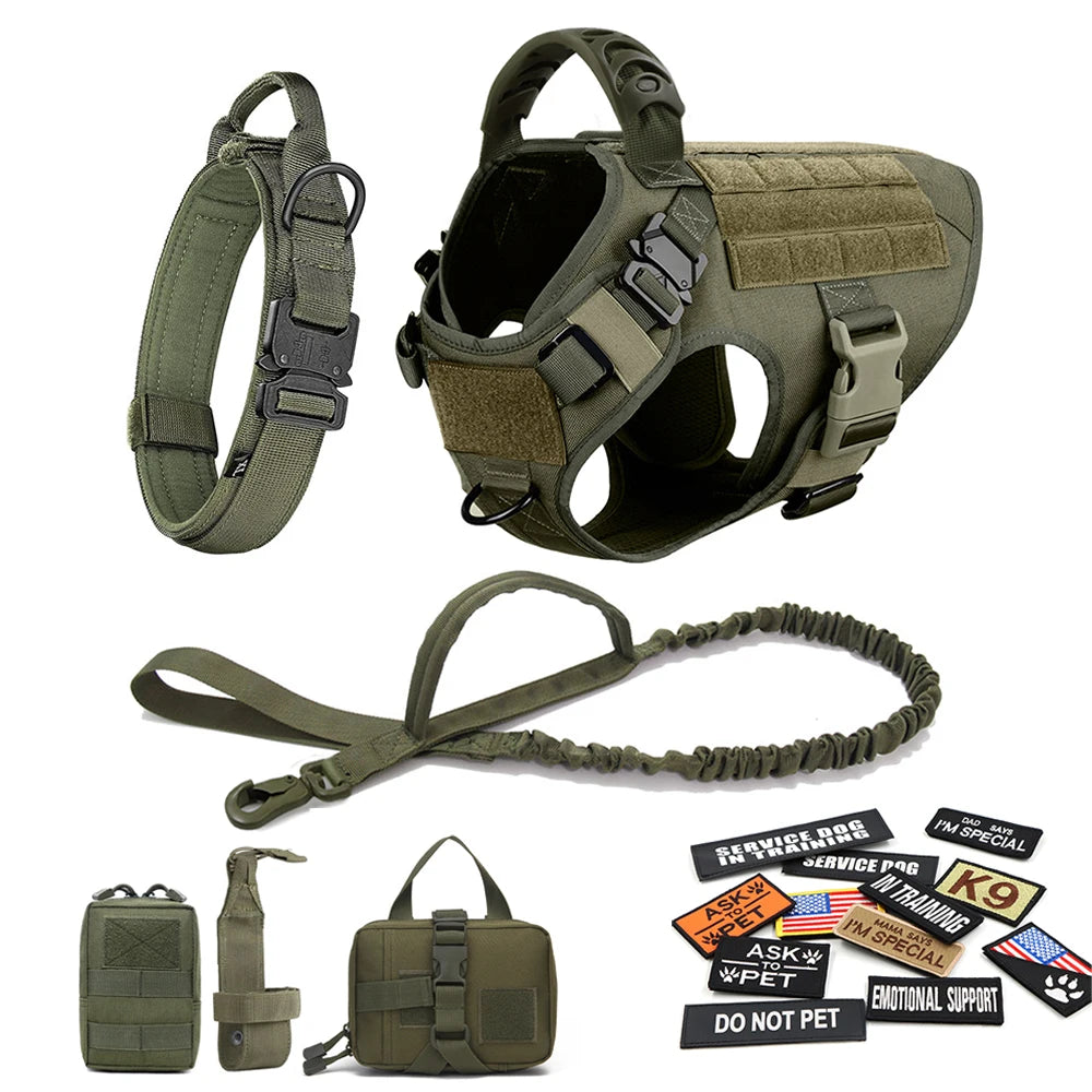 Military Large Dog Harness Collar Leash Bags Patches Set for Malinois Training Tactical Dog Accessories