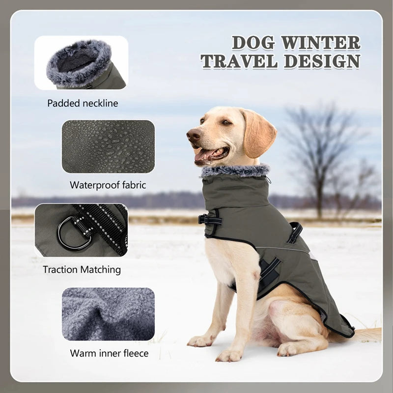 Winter Dog Jacket with Harness for Small and Large Dogs Waterproof Coat with Fur Collar for Labrador and French Bulldog