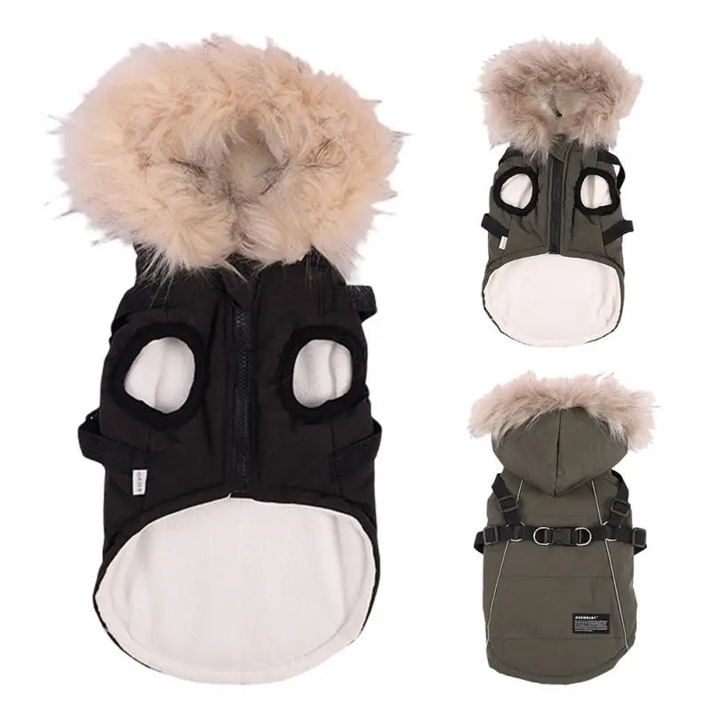 Autumn Winter Warm Pet Dog Jacket With Harness Hooded Padded Coat And Imitation Fur Hat For Small And Medium Dogs