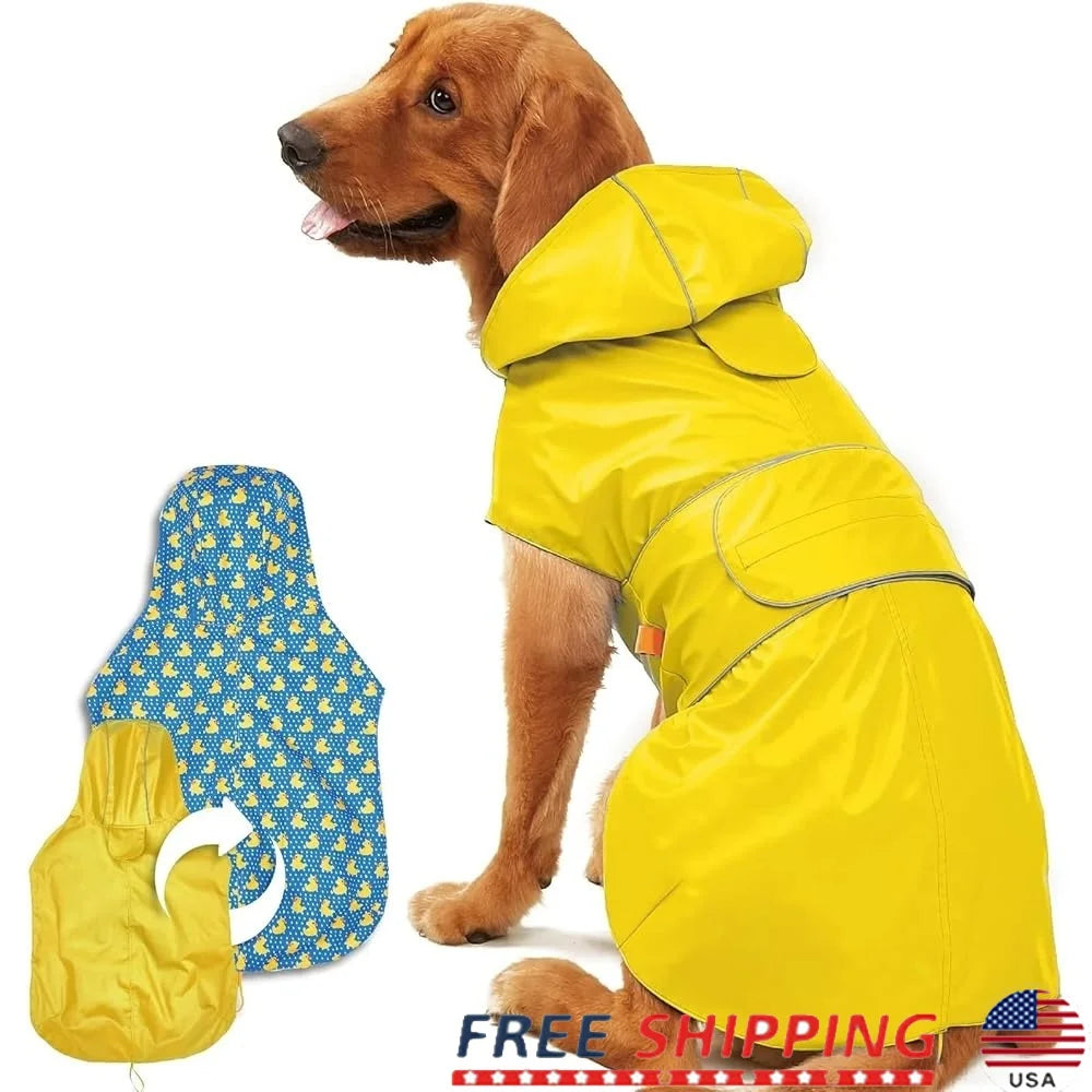 Reversible Waterproof Dog Raincoat Adjustable Slicker Poncho with Leash Hole Reflective Stripe Hooded Design for All Weather